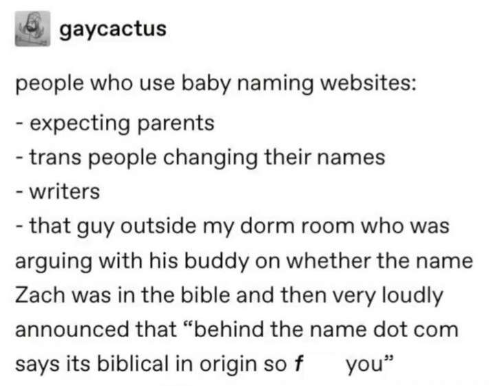 gaycactus people who use baby naming websites: - expecting parents - trans people changing their names - writers - that guy outside my dorm room who was arguing with his buddy on whether the name Zach was in the bible and then very loudly announced that "behind the name dot com says its biblical in origin so f you"