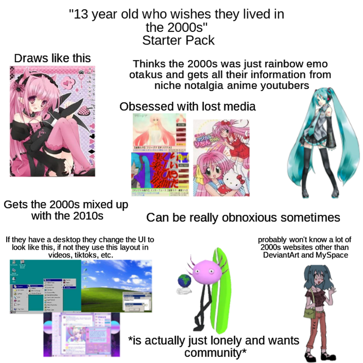 "13 year old who wishes they lived in Draws like this the 2000s" Starter Pack Thinks the 2000s was just rainbow emo otakus and gets all their information from niche notalgia anime youtubers Obsessed with lost media 71-07 (L) 70-UP (TA) ソン】 Gets the 2000s mixed up with the 2010s Can be really obnoxious sometimes If they have a desktop they change the UI to look like this, if not they use this layout in videos, tiktoks, etc. probably won't know a lot of 2000s websites other than DeviantArt and MySpace *is actually just lonely and wants community*