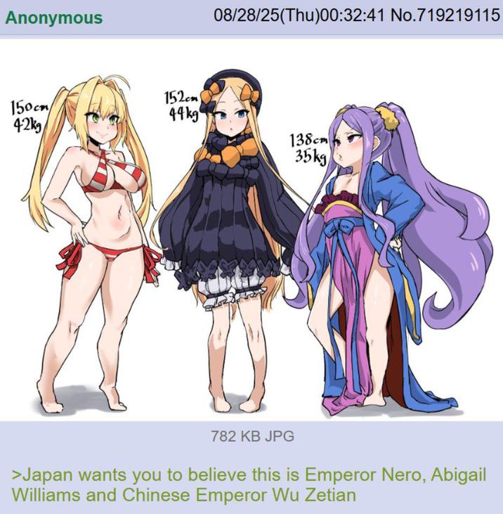 Anonymous 08/28/25(Thu)00:32:41 No.719219115 150cm 42kg 152cm 44kg 138cm 35kg 782 KB JPG >Japan wants you to believe this is Emperor Nero, Abigail Williams and Chinese Emperor Wu Zetian