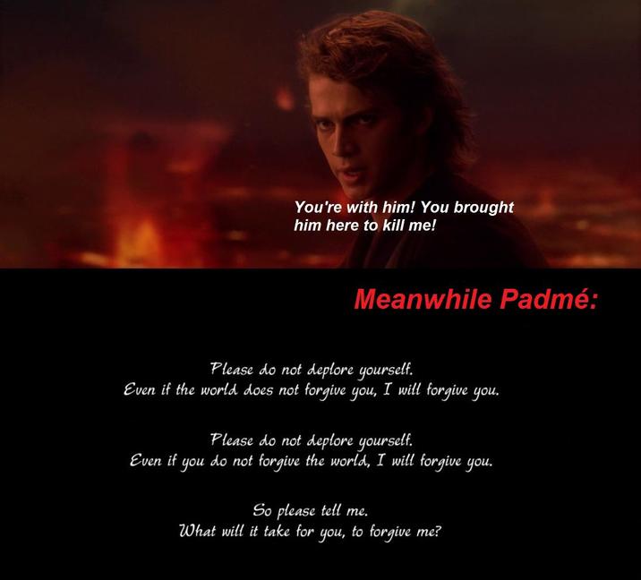 You're with him! You brought him here to kill me! Meanwhile Padmé: Please do not deplore yourself. Even if the world does not forgive you, I will forgive you. Even if you Please do not deplore yourself. do not forgive the world, I will forgive you. So please tell me. What will it take for you, to forgive me?