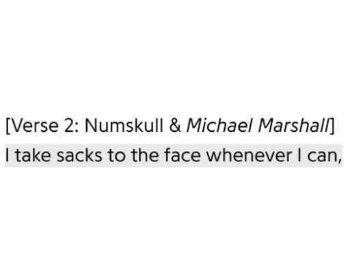 [Verse 2: Numskull & Michael Marshall] I take sacks to the face whenever I can,