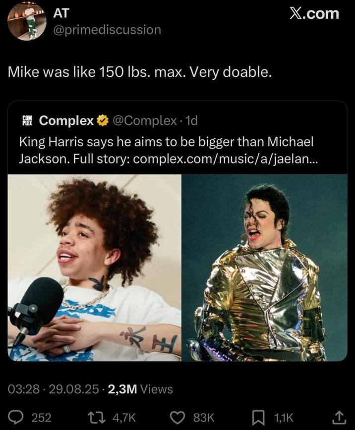 AT @primediscussion Mike was like 150 lbs. max. Very doable. COM PLEX Complex @Complex. 1d. X.com King Harris says he aims to be bigger than Michael Jackson. Full story: complex.com/music/a/jaelan... 永王 03:28 29.08.25 2,3M Views 252 4,7K 83K 1,1K
