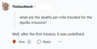 TheGacAttack. what are the deaths per mile traveled for the Apollo missions? Well, after the first mission, it was undefined. Vote Reply