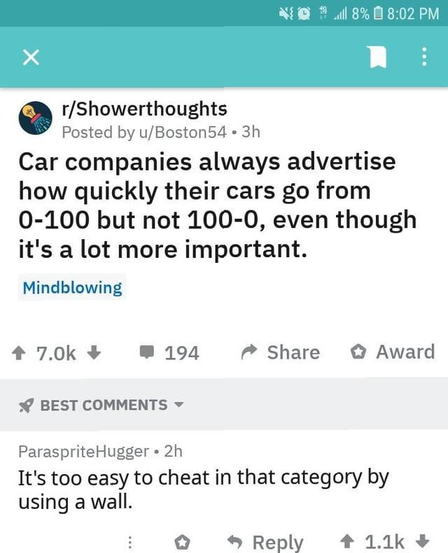 ll 8% 8:02 PM r/Showerthoughts Posted by u/Boston 54.3h Car companies always advertise how quickly their cars go from 0-100 but not 100-0, even though it's a lot more important. Mindblowing ↑ 7.0k -> 194 Share ✰ Award BEST COMMENTS ▾ ParaspriteHugger • 2h It's too easy to cheat in that category by using a wall. Reply 1.1k+