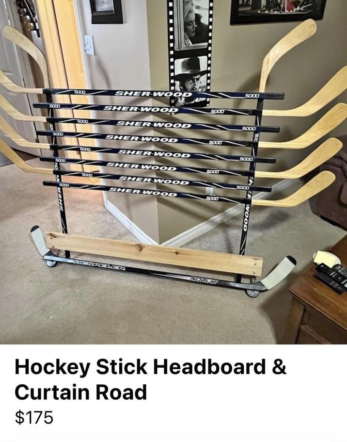 5000 5000 5000 SHER-WOOD SHER WOOD SHERWOOD 5000 5000 SHERWOOD 5000 5000 SHER-WOOD 5000 SHERWOOD 5000 5000 SHERWOOD 5000 SHERWOOD 5000 DAD SCORE LER ROELIS 5000 5000 5000 5000 WOOD Hockey Stick Headboard & Curtain Road $175