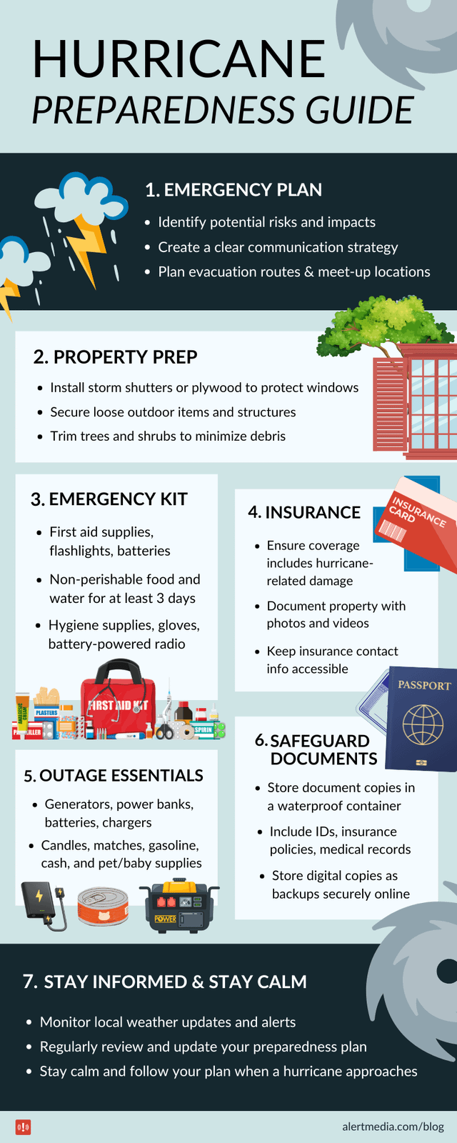 HURRICANE PREPAREDNESS GUIDE 1. EMERGENCY PLAN Identify potential risks and impacts • Create a clear communication strategy • Plan evacuation routes & meet-up locations 2. PROPERTY PREP • Install storm shutters or plywood to protect windows • Secure loose outdoor items and structures • Trim trees and shrubs to minimize debris 3. EMERGENCY KIT First aid supplies, flashlights, batteries • Non-perishable food and water for at least 3 days Hygiene supplies, gloves, battery-powered radio 4. INSURANCE • Ensure coverage includes hurricane- related damage INSURANCE CARD • Document property with photos and videos • Keep insurance contact info accessible FIRST AID T PLASTERS SPIRIN PASSPORT 5. OUTAGE ESSENTIALS • Generators, power banks, batteries, chargers • Candles, matches, gasoline, cash, and pet/baby supplies 6.SAFEGUARD DOCUMENTS • Store document copies in a waterproof container • Include IDs, insurance policies, medical records • Store digital copies as backups securely online POWER 7. STAY INFORMED & STAY CALM • Monitor local weather updates and alerts • Regularly review and update your preparedness plan • Stay calm and follow your plan when a hurricane approaches 0!0 alertmedia.com/blog