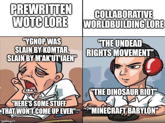 PREWRITTEN COLLABORATIVE WOTC LORE WORLDBUILDING LORE "YGNOP WAS SLAIN BY KOMTAR, SLAIN BY M'AK'UTIAEN" "THE UNDEAD RIGHTS MOVEMENT" "HERE'S SOME STUFF THAT WON'T COME UP EVER" impaflip.com "THE DINOSAUR RIOT "MINECRAFT BABYLON