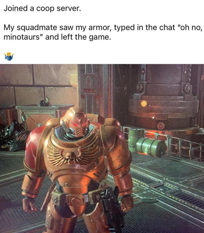 Joined a coop server. My squadmate saw my armor, typed in the chat "oh no, minotaurs" and left the game.
