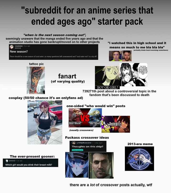 "subreddit for an anime series that ended ages ago" starter pack "when is the next season coming out", seemingly unaware that the manga ended five years ago and that the animation studio has gone bankrupt/moved on to other projects r/souleater • 8 yr. ago [deleted] New season? There should be a new season of soul eater, so many questions left unanswered and "soul eater not" is a rip off "i watched this in high school and it means so much to me bla bla bla" (actually kinda heart-warming sometimes) tattoo pic YOU! YOU'VE GOT SOME NERVE CASUALLY ADDRESS. ING THE BATTALION COMMANDER OF THE 1ST BRIGADE LIKE THAT? fanart (of varying quality) BOY OR GIRL? 739271th post about a controversial topic in the fandom that's been discussed to death cosplay (50/50 chance it's an onlyfans ad) rpse The ever-present gooner: [deleted] •1 yr. ago Which girl would you drink their breast milk? one-sided "who would win" posts VS BALALAIKA AND HOTEL MOSCOW ARMSTRONG AND FORT BRIGGS / FULLMETAL ALC DEATH BATTLE! (usually crossovers) F------ crossover ideas u/Silly Resource 1 day ago Thoughts on this ship? Discussion 2013-era meme there are a lot of crossover posts actually, w--