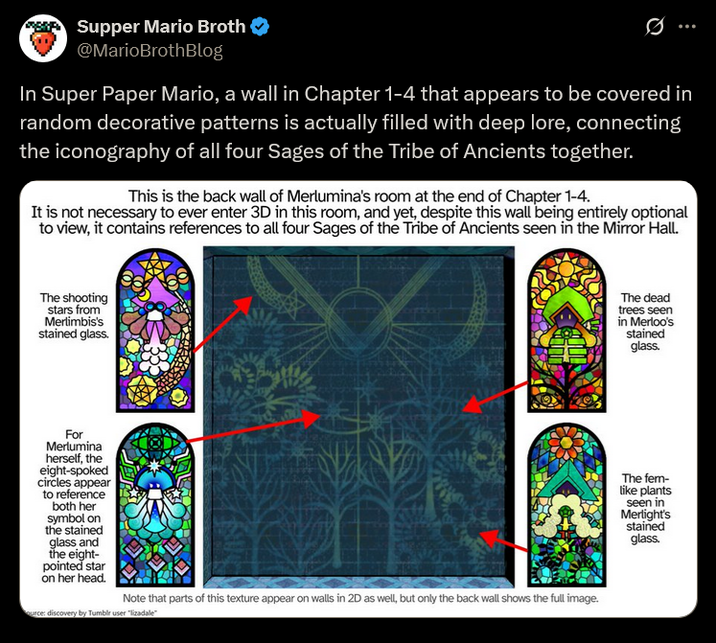 Supper Mario Broth @MarioBrothBlog 0 In Super Paper Mario, a wall in Chapter 1-4 that appears to be covered in random decorative patterns is actually filled with deep lore, connecting the iconography of all four Sages of the Tribe of Ancients together. This is the back wall of Merlumina's room at the end of Chapter 1-4. It is not necessary to ever enter 3D in this room, and yet, despite this wall being entirely optional to view, it contains references to all four Sages of the Tribe of Ancients seen in the Mirror Hall. The shooting stars from Merlimbis's stained glass. For Merlumina herself, the eight-spoked circles appear to reference both her symbol on the stained glass and the eight- pointed star on her head. ource: discovery by Tumblr user "lizadale" Note that parts of this texture appear on walls in 2D as well, but only the back wall shows the full image. TTO The dead trees seen in Merloo's stained glass. The fem- like plants seen in Merlight's stained glass.