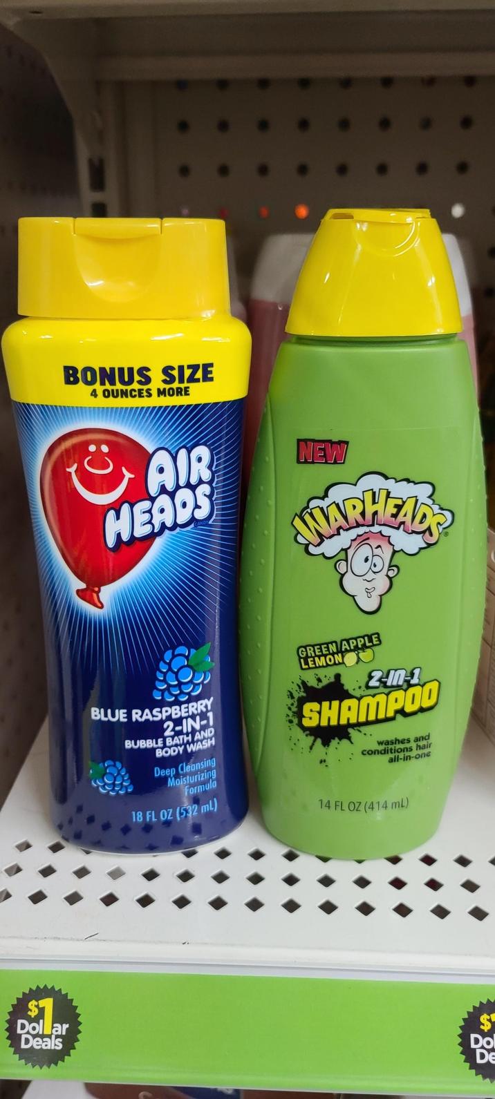 BONUS SIZE 4 OUNCES MORE AIR HEADS NEW MARHEADS BLUE RASPBERRY 2-IN-1 BUBBLE BATH AND BODY WASH Deep Cleansing Moisturizing Formula 18 FL OZ (532 mL) GREEN APPLE LEMON 2-In-1 SHAMPOO washes and conditions hair all-in-one 14 FL OZ (414 mL) $ Dollar Deals $ Do De