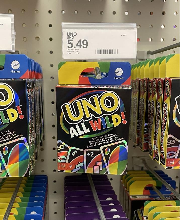 P00 EMATTEL Games UNO UNO 5.49 087 00 0025 1-P1-1 018 * 02001 11/29 LD! .IS. WILD. S. UN COMODÍN. TES. BLANCHES. SÃO CARTAS CURINGA. 42003 MATTEL Games 99 UNO ALL WILD! EVERY. CARD. IS. WILD. CADA. CARTA. ES. UN COMODÍN. QUE. DES. CARTES. BLANCHES. TODAS AS CARTAS SÃO CARTAS CURINGA. +2 2-10 JUNG 2-10
