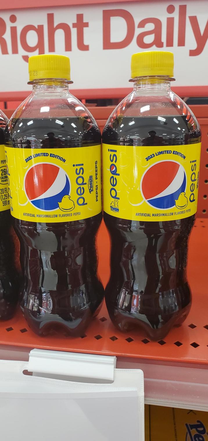 Right Daily PEPS 26 CALORI PER BUT 20 FL (1.25 P 591 m 2023 LIMITED EDITION ARTIFICIAL MARSHMALLOW FLAVORED PEPSI Peeps 2023 LIMITED EDITION S ARTIFICIAL MARSHMALLOW FLAVORED PEPSI Pe