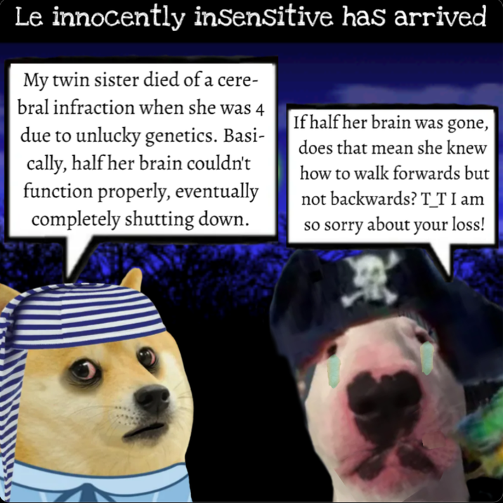 Le innocently insensitive has arrived My twin sister died of a cere- bral infraction when she was 4 due to unlucky genetics. Basi- cally, half her brain couldn't function properly, eventually completely shutting down. If half her brain was gone, does that mean she knew how to walk forwards but not backwards? T_T I am so sorry about your loss!