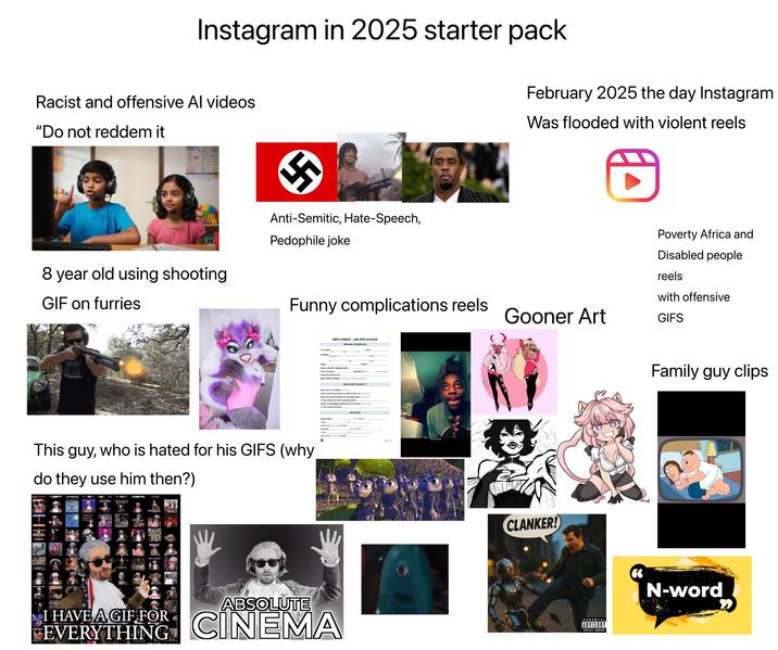 Instagram in 2025 starter pack February 2025 the day Instagram Was flooded with violent reels Racist and offensive Al videos "Do not reddem it 8 year old using shooting GIF on furries Anti-Semitic, Hate-Speech, P-------- joke Funny complications reels LITIO RUNCH This guy, who is hated for his GIFS (why_ do they use him then?) В STANDING HISTORY CHEERS NO LOVE FULL NAME EMPLOYMENT/JOB APPLICATION PERSONAL INFORMATION EMAIL SOCIAL SECURITY HUMBER (SSN) DATE AVAILABLE POSITION APPLIED FOR EMPLOYMENT DESIRED PHONE DEBRED PAYS EMPLOYMENT ELIGIBILITY ARE YOU A US CITIZENT NO, ARE YOU ALLOWED TO WORK IN THE US?v HAVE YOU EVER WORKED FOR THIS EMPLOYER? YES, WRITE THE START AND END DATES: HAVE YOU EVER BEEN CONVICTED OF A FELONYT YES, PLEASE EXPLAIN HIGH SCHOOL FROM GRADUATE DIPLOMA EDUCATION CITY STATE OTY STATE FROM GRADUATE DEGREE I HAVE A GIF FOR ABSOLUTE EVERYTHING CINEMA DATE Page 1 of Gooner Art CLANKER! PARENTAL ADVISORY EXPLICIT CONTENT Poverty Africa and Disabled people reels with offensive GIFS Family guy clips N-word