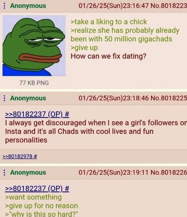 Anonymous 01/26/25(Sun)23:16:47 No.8018223 >take a liking to a chick >realize she has probably already been with 50 million gigachads >give up How can we fix dating? 77 KB PNG Anonymous >>80182237 (OP) # 01/26/25(Sun)23:18:46 No.8018225 I always get discouraged when I see a girl's followers or Insta and it's all Chads with cool lives and fun personalities >>80182978 # Anonymous >>80182237 (OP) # >want something >give up for no reason >"why is this so hard?" 01/26/25(Sun)23:19:11 No.8018226