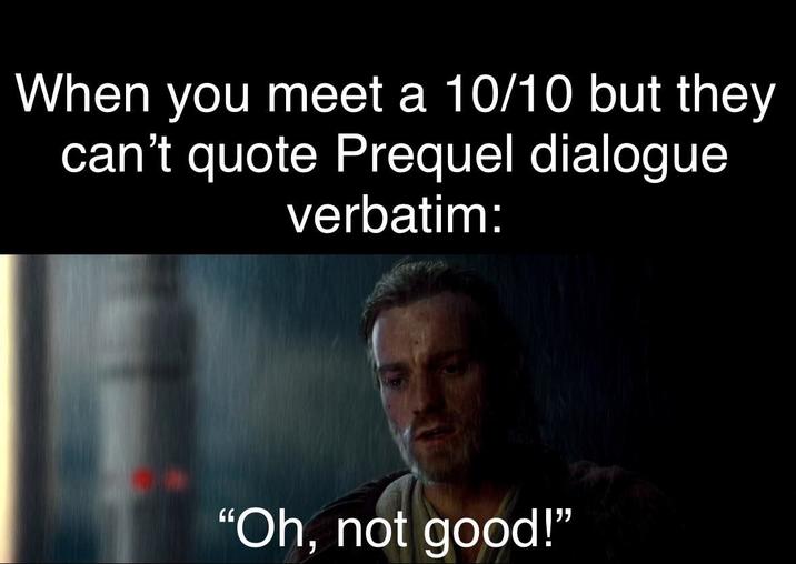 When you meet a 10/10 but they can't quote Prequel dialogue verbatim: "Oh, not good!"