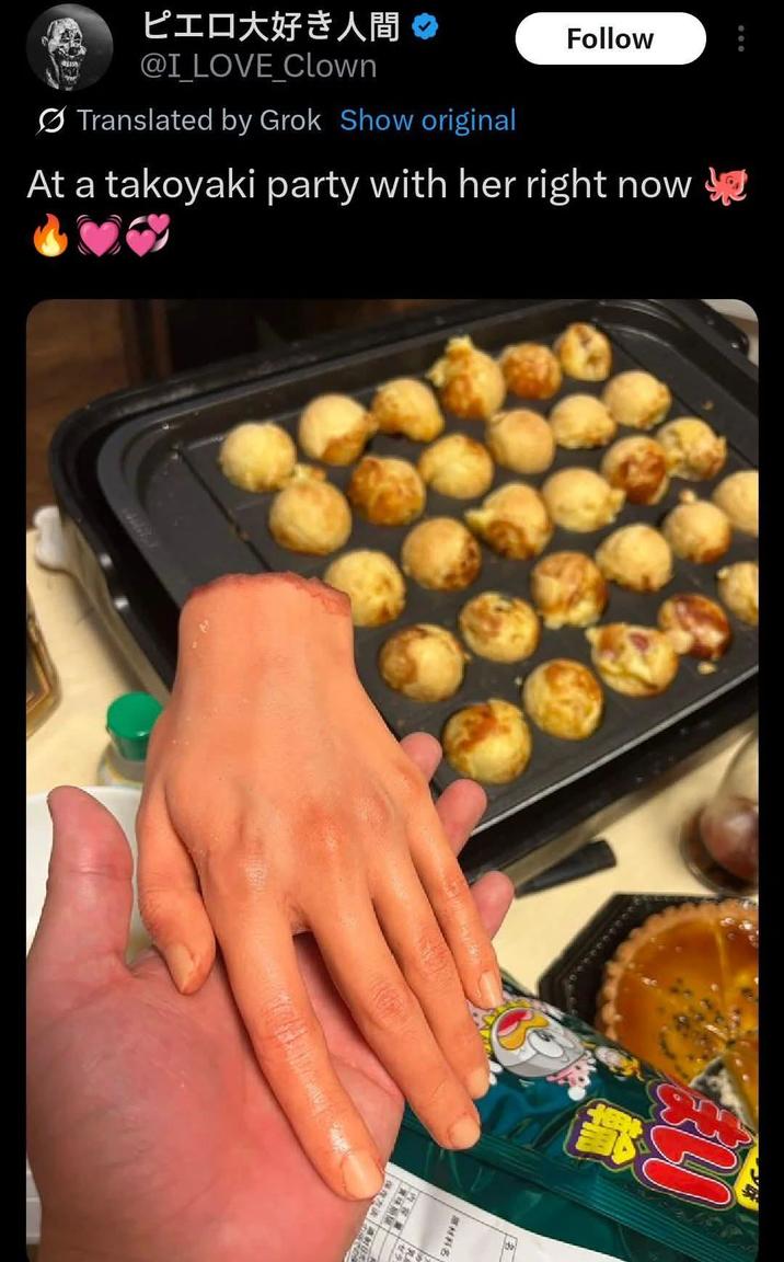 ピエロ大好き人間 @I LOVE Clown Translated by Grok Show original Follow At a takoyaki party with her right now 0 「原材料名