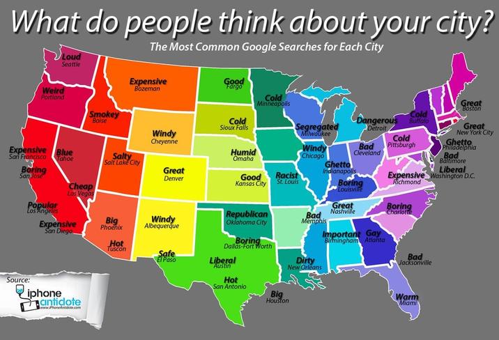 What do people think about your city? Weird Portland Loud Seattle The Most Common Google Searches for Each City Expensive Bozeman Good Fargo Cold Minneapolis Smokey Boise Cold Sioux Falls Dangerous Cold Buffalo Expensive San Francisco Boring San Jose Popular Los Angeles Cheap Las Vegas Expensive San Diego Windy Cheyenne Blue Tahoe Salty Salt Lake City Great Denver Humid Omaha Good Kansas City Segregated Milwaukee Windy Chicago Detroit Bad Cleveland Cold Pittsburgh Great Boston Great New York City Ghetto Philadelphia Bad Baltimore Ghetto Indianapolis Liberal Racist St. Louis Expensive Washington D.C. Boring Richmond Louisville Great Boring Big Phoenix Windy Albequerque Republican Oklahoma City Nashville Charlotte Bad Memphis Hot Tuscon Boring Dallas-Fort Worth Safe El Paso Liberal Austin Dirty New Orleans Important Gay Birmingham Atlanta Bad Jacksonville Source: iphone Cintidote www.iPhoneAntidote.com Hot San Antonio Big Houston Warm Miami