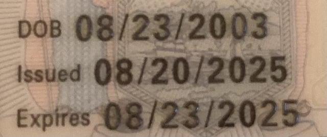DOB 08/23/2003 Issued 08/20/2025 Expires 08/23/2025