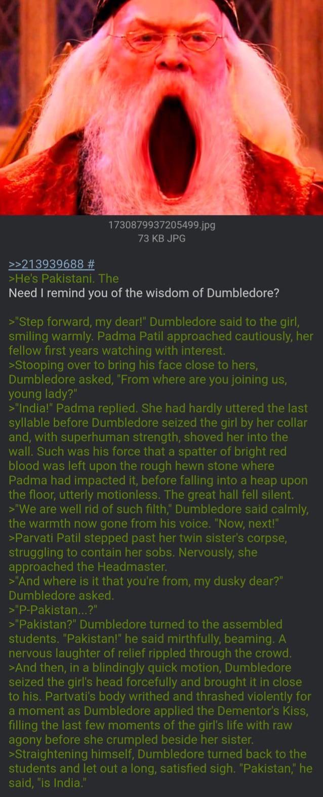 1730879937205499.jpg 73 KB JPG >>213939688 # >He's Pakistani. The Need I remind you of the wisdom of Dumbledore? >"Step forward, my dear!" Dumbledore said to the girl, smiling warmly. Padma Patil approached cautiously, her fellow first years watching with interest. >Stooping over to bring his face close to hers, Dumbledore asked, "From where are you joining us, young lady?" >"India!" Padma replied. She had hardly uttered the last syllable before Dumbledore seized the girl by her collar and, with superhuman strength, shoved her into the wall. Such was his force that a spatter of bright red blood was left upon the rough hewn stone where Padma had impacted it, before falling into a heap upon the floor, utterly motionless. The great hall fell silent. >"We are well rid of such filth," Dumbledore said calmly, the warmth now gone from his voice. "Now, next!" >Parvati Patil stepped past her twin sister's corpse, struggling to contain her sobs. Nervously, she approached the Headmaster. >"And where is it that you're from, my dusky dear?" Dumbledore asked. >"P-Pakistan...?" >"Pakistan?" Dumbledore turned to the assembled students. "Pakistan!" he said mirthfully, beaming. A nervous laughter of relief rippled through the crowd. >And then, in a blindingly quick motion, Dumbledore seized the girl's head forcefully and brought it in close to his. Partvati's body writhed and thrashed violently for a moment as Dumbledore applied the Dementor's Kiss, filling the last few moments of the girl's life with raw agony before she crumpled beside her sister. >Straightening himself, Dumbledore turned back to the students and let out a long, satisfied sigh. "Pakistan," he said, "is India."