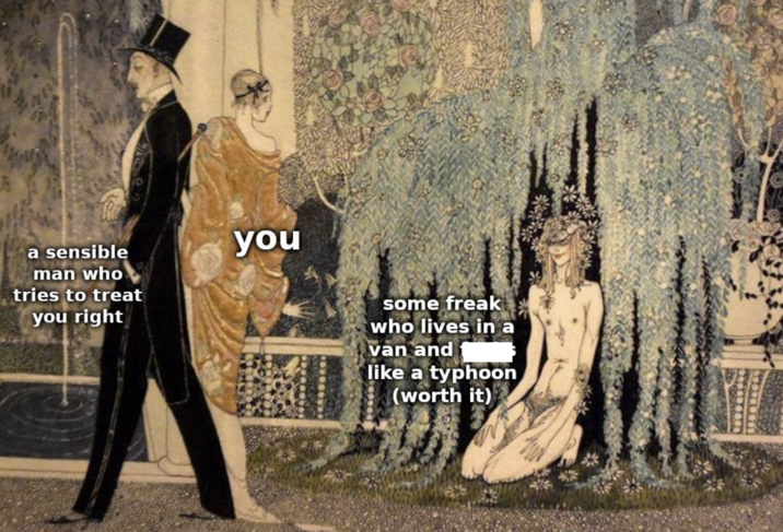 a sensible man who tries to treat you right you some freak who lives in a van and like a typhoon (worth it)