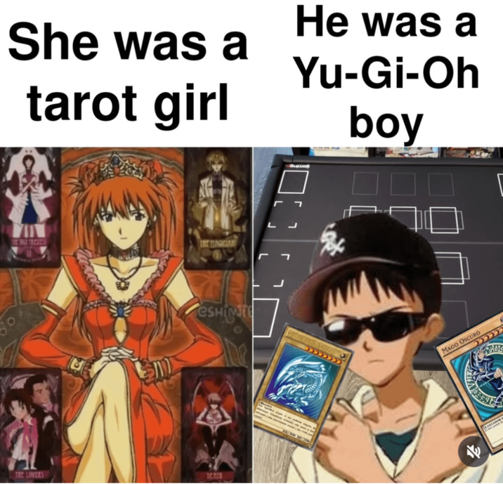 She was a tarot girl He was a Yu-Gi-Oh boy ☐ THE LOVERS THE FUNGICIAN esHigie CAIR ATK/DE/2 MAGO OSCURO HOT LANZADOR