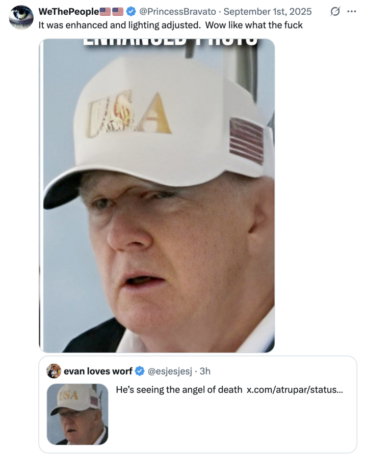 September 1st, 2025 tweet by @PrincessBravato X user @PrincessBravato posted a "digitally enhanced" image of Donald Trump leaving the White House on September 1st, prompting discussions about him possibly having a stroke that affected his left eye.
