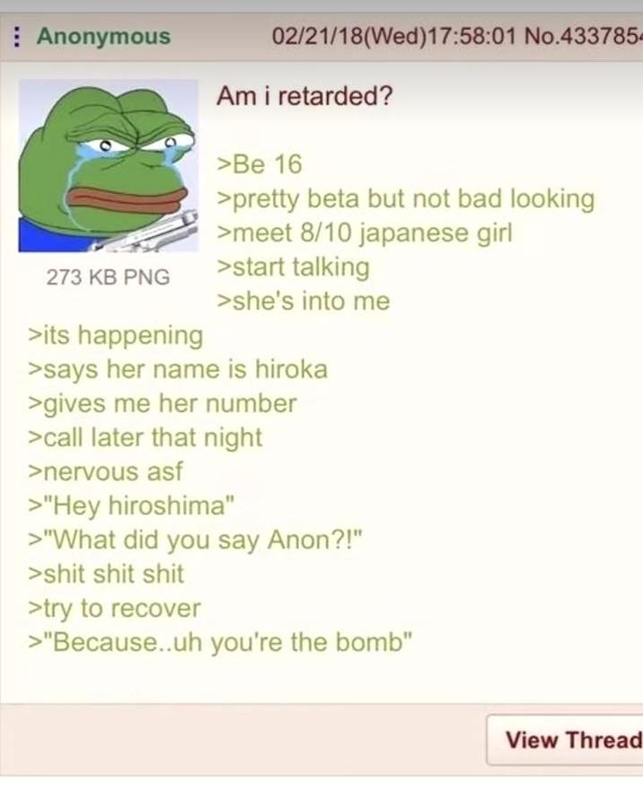 Anonymous 02/21/18(Wed)17:58:01 No.4337854 Am i retarded? >Be 16 >pretty beta but not bad looking >meet 8/10 japanese girl 273 KB PNG >start talking >its happening >she's into me >says her name is hiroka >gives me her number >call later that night >nervous asf >"Hey hiroshima" >"What did you say Anon?!" >s--- s--- s--- >try to recover >"Because..uh you're the bomb" View Thread