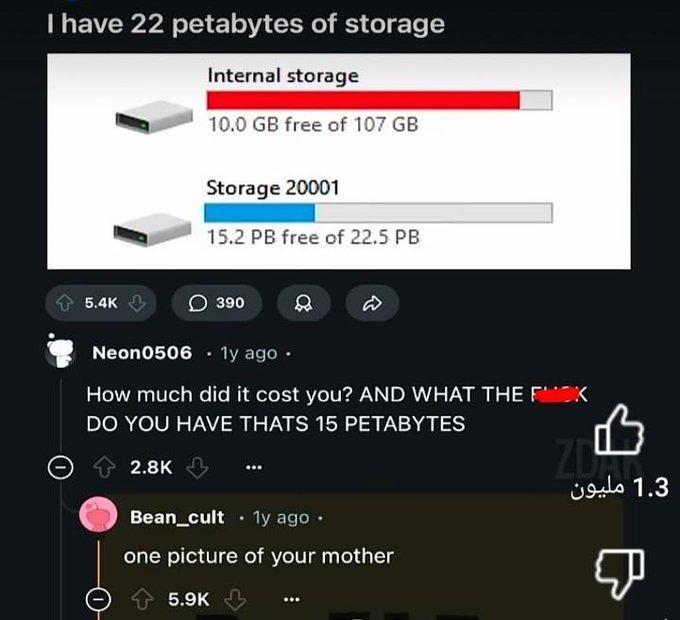 I have 22 petabytes of storage Internal storage 10.0 GB free of 107 GB Storage 20001 15.2 PB free of 22.5 PB 5.4K 390 Neon0506 1y ago. How much did it cost you? AND WHAT THE FICK DO YOU HAVE THATS 15 PETABYTES 2.8K Bean_cult 1y ago. • one picture of your mother 5.9K 1.3 مليون