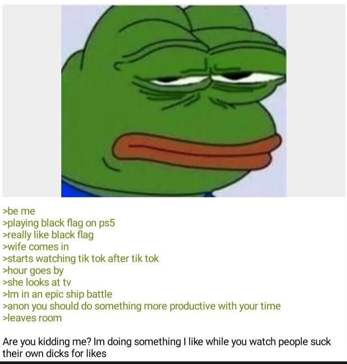 >be me >playing black flag on ps5 >really like black flag >wife comes in >starts watching tik tok after tik tok >hour goes by >she looks at tv >Im in an epic ship battle >anon you should do something more productive with your time >leaves room Are you kidding me? Im doing something I like while you watch people suck their own d---- for likes