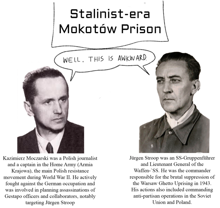 Stalinist-era Mokotów Prison WELL. THIS IS AWKWARD. Kazimierz Moczarski was a Polish journalist and a captain in the Home Army (Armia Krajowa), the main Polish resistance movement during World War II. He actively fought against the German occupation and was involved in planning assassinations of Gestapo officers and collaborators, notably targeting Jürgen Stroop Jürgen Stroop was an SS-Gruppenführer and Lieutenant General of the Waffen-SS. He was the commander responsible for the brutal suppression of the Warsaw Ghetto Uprising in 1943. His actions also included commanding anti-partisan operations in the Soviet Union and Poland.