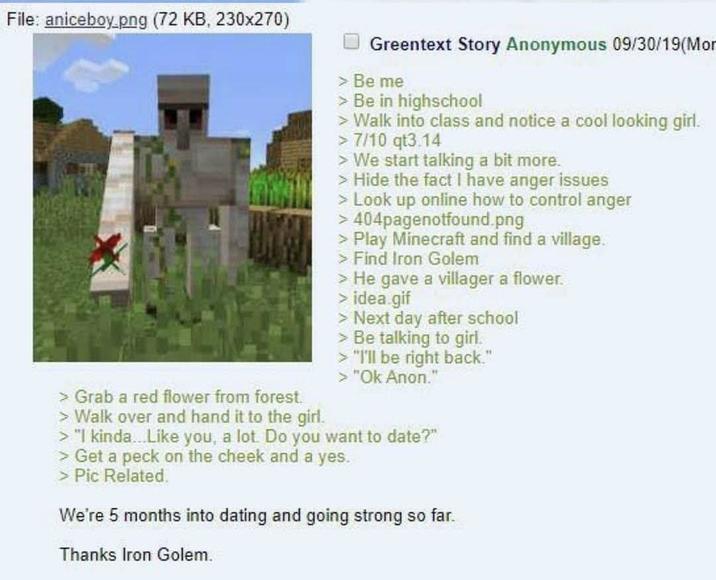 File: aniceboy.png (72 KB, 230x270) > Grab a red flower from forest. > Walk over and hand it to the girl. Greentext Story Anonymous 09/30/19(Mon > Be me > Be in highschool > Walk into class and notice a cool looking girl. > 7/10 qt3.14 > We start talking a bit more. > Hide the fact I have anger issues > Look up online how to control anger > 404pagenotfound.png > Play Minecraft and find a village. > Find Iron Golem > He gave a villager a flower. > idea.gif > Next day after school > Be talking to girl. >"I'll be right back." > "Ok Anon." > "I kinda....Like you, a lot. Do you want to date?" > Get a peck on the cheek and a yes. > Pic Related. We're 5 months into dating and going strong so far. Thanks Iron Golem.
