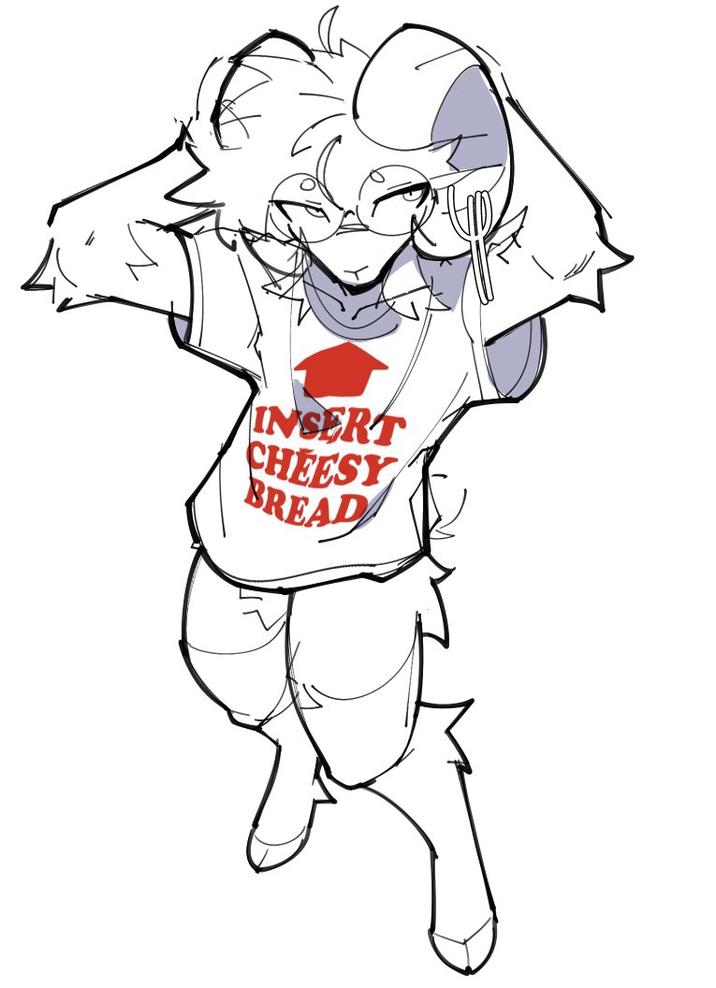 A piece of "fan art":https://knowyourmeme.com/memes/cultures/fan-art showing a character in the Insert Cheesy Bread T-shirt.