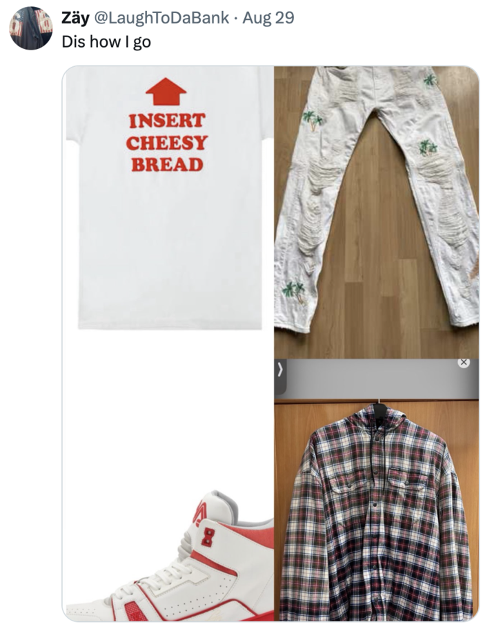 A "tweet":https://knowyourmeme.com/memes/sites/twitter-x referencing the Insert Cheesy Bread shirt and "meme":https://knowyourmeme.com/memes/memes.