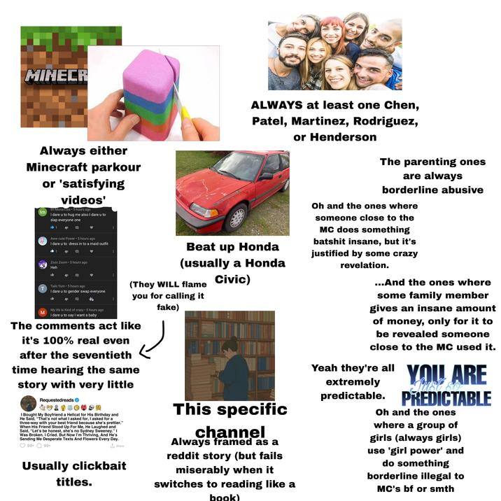 MINECR Always either Minecraft parkour or 'satisfying videos' Im Mona Lisa ⚫ 5 hours ago I dare u to hug me also I dare u to slap everyone one 11 Im Aww cute Power ⚫ 5 hours ago I dare u to dress in to a maid outfit 1 Zozo Zoom 5 hours ago Heh Tails Yum 5 hours ago T I dare u to gender swap everyone M My life Is Kind of crazy 5 hours ago I dare u to say I want a baby ALWAYS at least one Chen, Patel, Martinez, Rodriguez, Beat up Honda (usually a Honda Civic) (They WILL flame you for calling it fake) The comments act like it's 100% real even after the seventieth time hearing the same story with very little Requestedreads → 401900 I Bought My Boyfriend a Hellcat for His Birthday and He Said, "That's not what I asked for, I asked for a three-way with your best friend because she's prettier." When His Friend Stood Up For Me, He Laughed and Said, "Let's be honest, she's no Sydney Sweeney." I Was Broken. I Cried. But Now I'm Thriving, And He's Sending Me Desperate Texts And Flowers Every Day. 99+ 99+ ↑ Share Usually clickbait titles. This specific channel Always framed as a reddit story (but fails miserably when it switches to reading like a book) or Henderson The parenting ones are always borderline abusive Oh and the ones where someone close to the MC does something batshit insane, but it's justified by some crazy revelation. ...And the ones where some family member gives an insane amount of money, only for it to be revealed someone close to the MC used it. Yeah they're all extremely predictable. YOU ARE PŘEDICTABLE Oh and the ones where a group of girls (always girls) use 'girl power' and do something borderline illegal to MC's bf or smth
