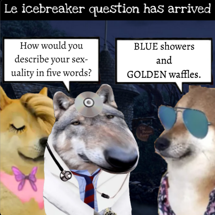 Le icebreaker question has arrived How would you describe your sex- uality in five words? BLUE showers and GOLDEN waffles. The P