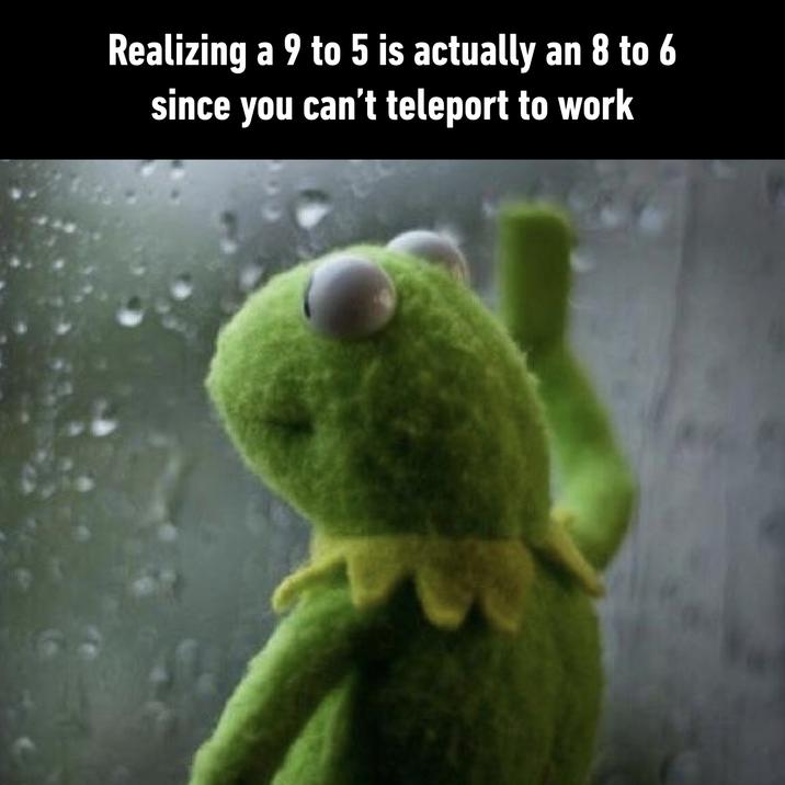 A Kermit the frog meme. The meme is about 9 to 5 being a lie.