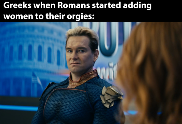 Greeks when Romans started adding women to their o-----: