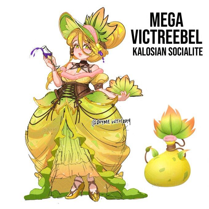 A drawing of Mega Victreebel as a human woman. The art is by @RhymeWithRay.