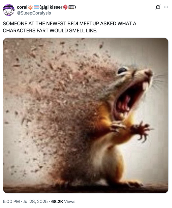 A "tweet":https://knowyourmeme.com/memes/sites/twitter-x using the Disintegrating Squirrel image, which is a seemingly "AI-generated image":https://knowyourmeme.com/memes/cultures/ai-art of a squirrel screaming and disintegrating.