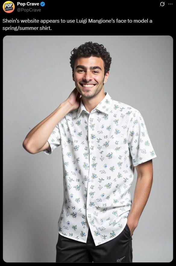 A tweet from the account Pop Crave showcasing the Shein ad with a model using Luigi Mangione's likeness, which sparked controversy and widespread media attention in early September 2025.