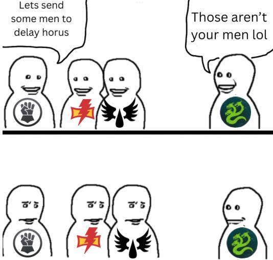 Lets send some men to delay horus Those aren't your men lol 2