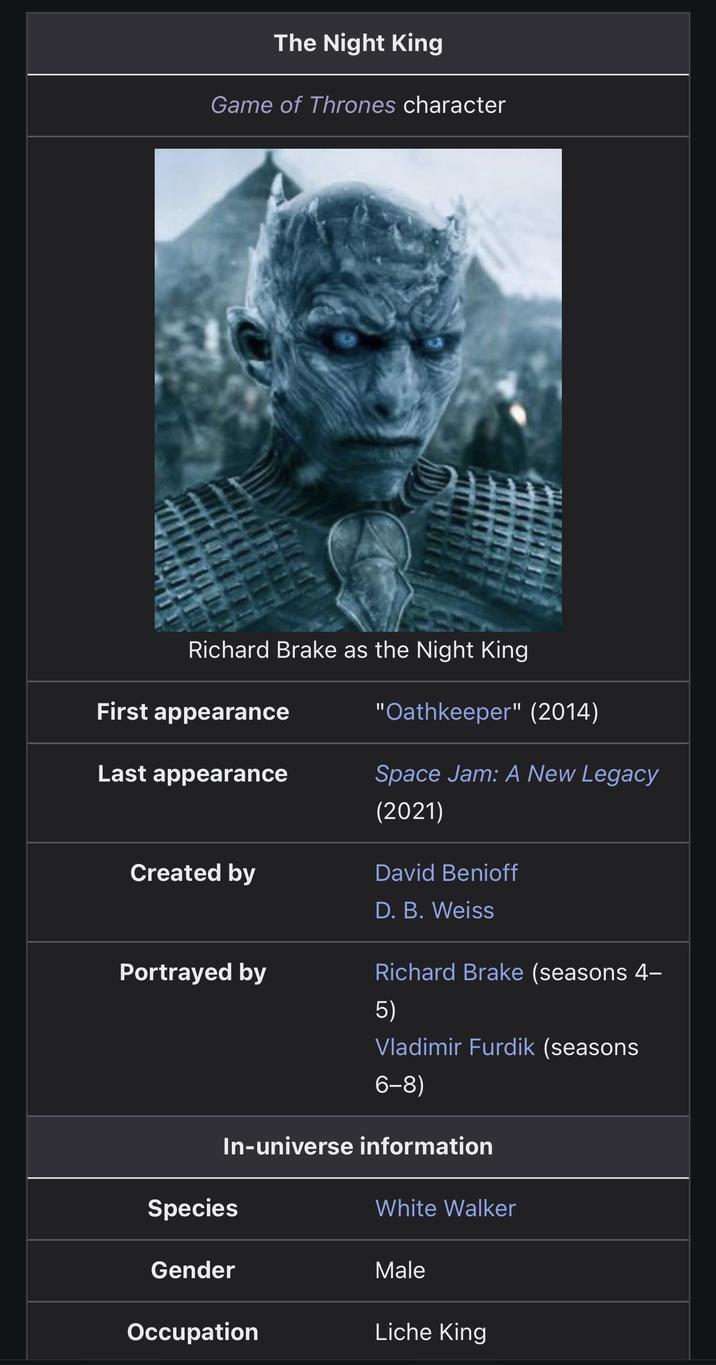 The Night King Game of Thrones character Richard Brake as the Night King First appearance "Oathkeeper" (2014) Last appearance Space Jam: A New Legacy (2021) Created by Portrayed by David Benioff D. B. Weiss Richard Brake (seasons 4- 5) Vladimir Furdik (seasons 6-8) In-universe information Species White Walker Gender Male Occupation Liche King