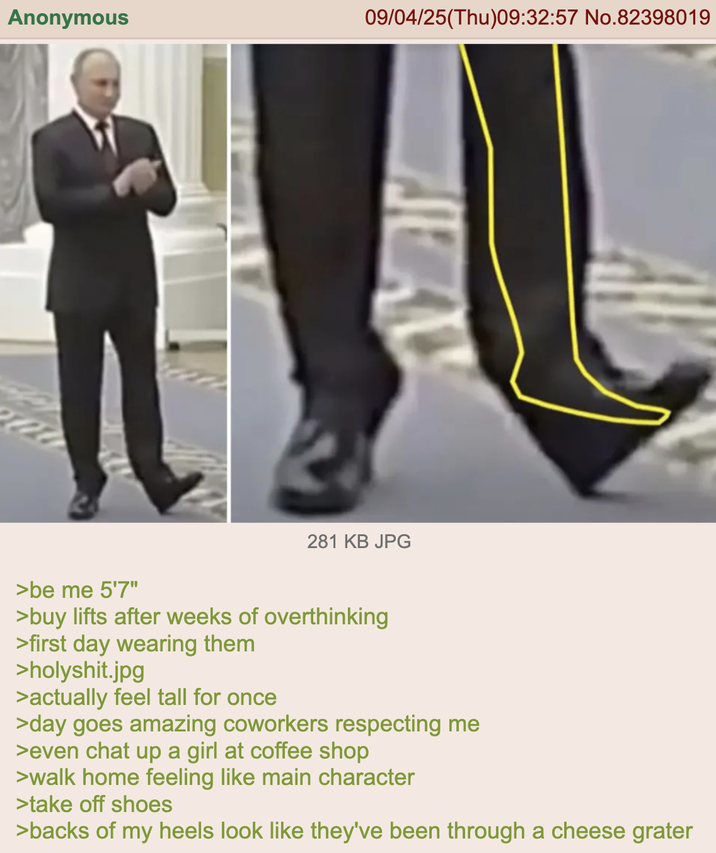 Anonymous 09/04/25(Thu)09:32:57 No.82398019 281 KB JPG >be me 5'7" >buy lifts after weeks of overthinking >first day wearing them >holyshit.jpg >actually feel tall for once >day goes amazing coworkers respecting me >even chat up a girl at coffee shop >walk home feeling like main character >take off shoes >backs of my heels look like they've been through a cheese grater