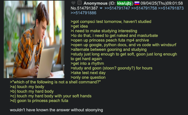 Anonymous (ID: kke/ujbj) 09/04/25(Thu)09:01:58 No.514791387 >>514791747 >>514791758 >>514791873 >>514791886 >got compsci test tomorrow, haven't studied >get idea >i need to make studying interesting >to do that, i need to get naked and masturbate >open up princess peach futa mp4 archive >open up google, python docs, and vs code with windsurf >alternate between gooning and studying >study just long enough to get soft, goon just long enough to get hard again >get into a rhythm >study and goon (stoon? goondy?) for hours >take test next day >only one question >"which of the following is not a shell command?" >a) touch my body >b) touch my hard body >c) touch my hard body with your soft hands >d) goon to princess peach futa wouldn't have known the answer without stoonying