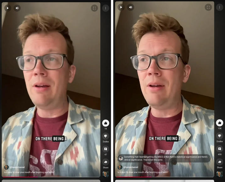 An image from Reddit showing YouTuber Hank Green from a "normal looking" Short that they took a screenshot of (left) and  Green less than 12 hours later in the same Short, at the same exact frame, but AI upscaled to look not low resolution.