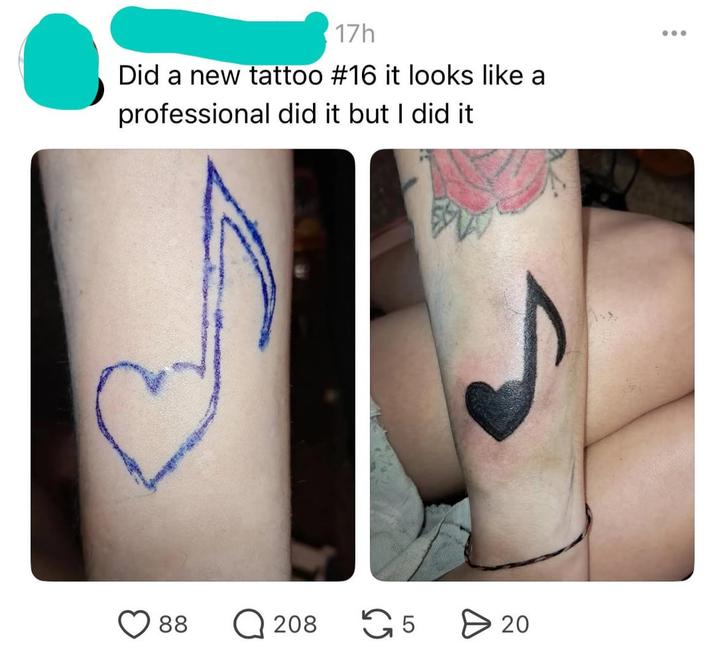 17h Did a new tattoo #16 it looks like a professional did it but I did it 88 Q 208 5 > 20