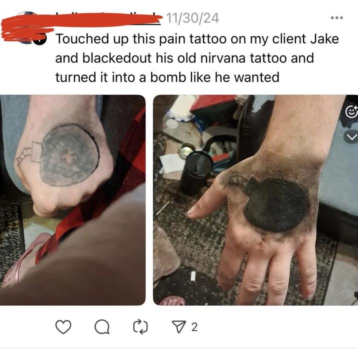 11/30/24 ... Touched up this pain tattoo on my client Jake and blackedout his old nirvana tattoo and turned it into a bomb like he wanted ☑ 2
