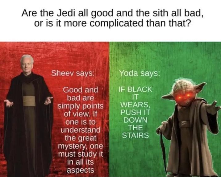 Are the Jedi all good and the sith all bad, or is it more complicated than that? Sheev says: Yoda says: Good and IF BLACK IT WEARS, bad are simply points of view. If one is to understand the great mystery, one must study it in all its aspects PUSH IT DOWN THE STAIRS